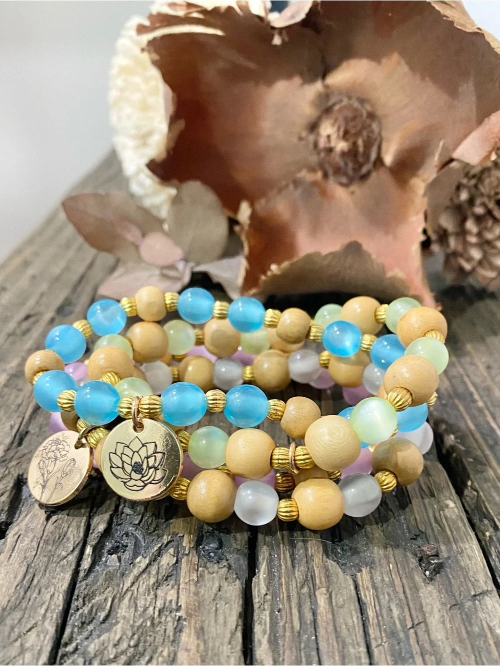 Multicolor Beaded Bracelet Set with Flower Charm, 4 pieces